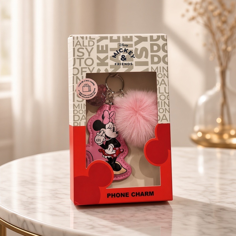 Disney Mickey & Friends Minnie Mouse Bag Charm Pink Pom Pom Heart Keychain NEW